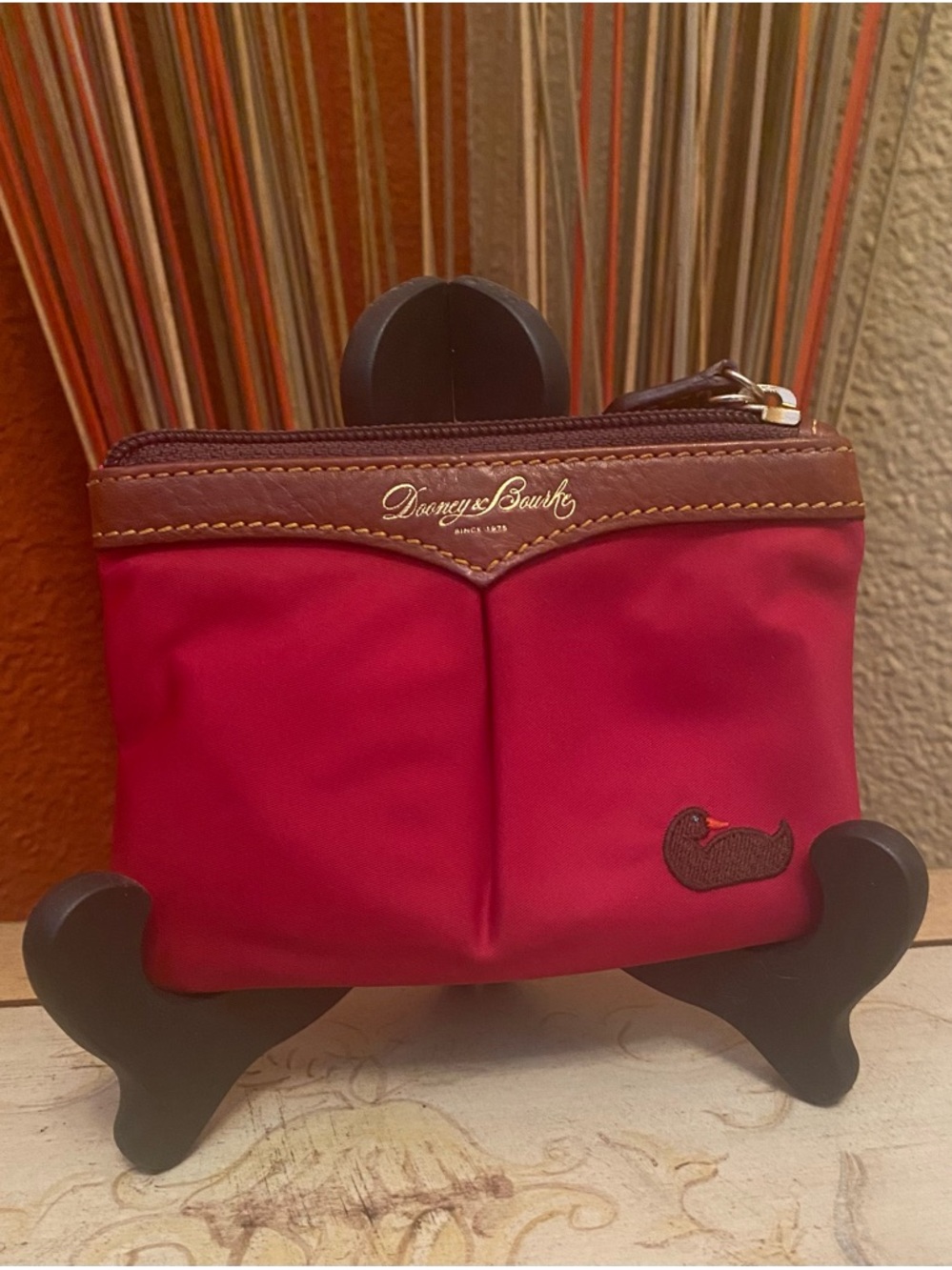 Dooney & Bourke -Vintage -EUC - Red Nylon Coin Pouch with Brown Leather Trim